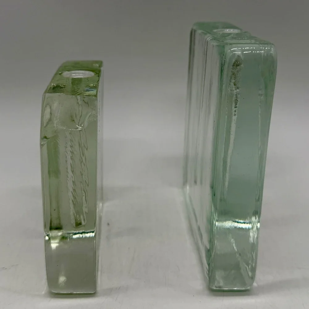 Set of 2 Square Glass Block Bud Vases Minimalist Green Tint Chipped Good